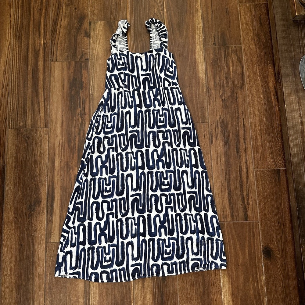 Bellambra Italy Linen Blend Abstract Print Maxi Dress Navy White XL 20603B